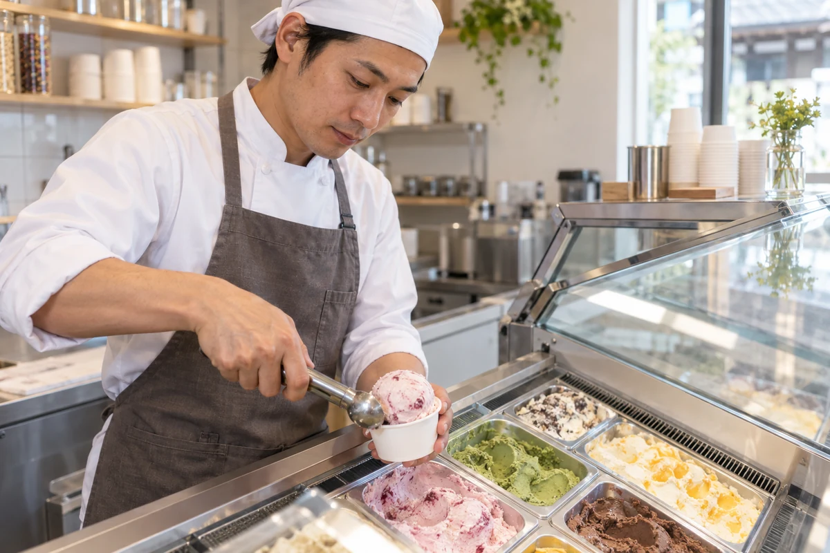 アイスクリーム店で商品を盛り付ける運営者の架空イメージ(AI生成)