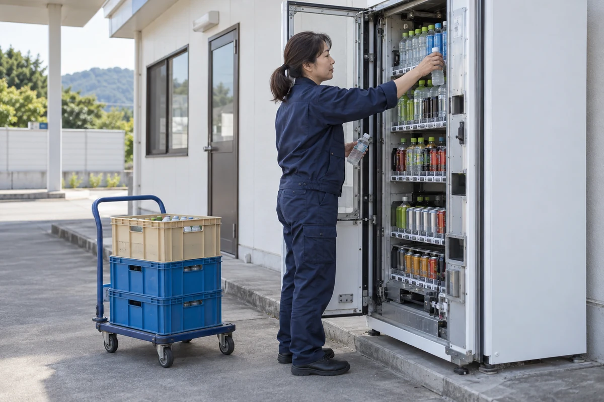 建物前の自動販売機へ飲料を補充する架空の女性運営者。AI生成。