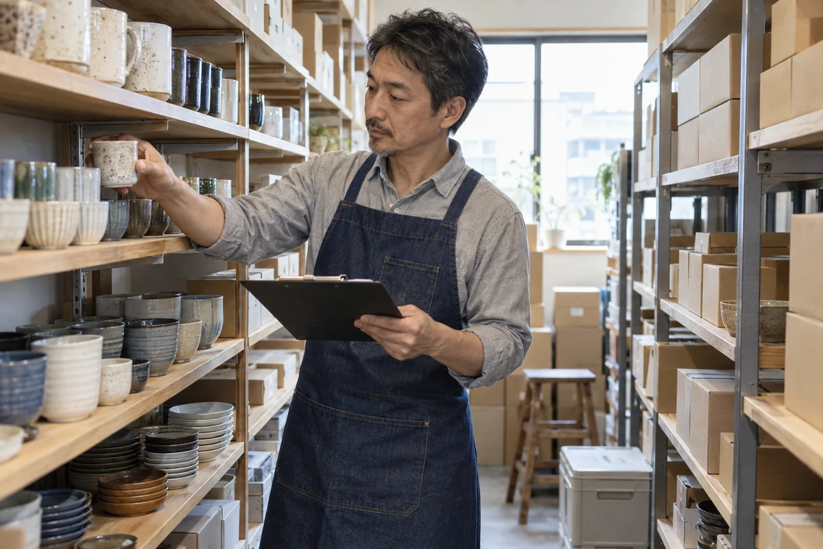 店舗のバックヤードで棚の商品と記録を照合する架空の男性経営者。AI生成。