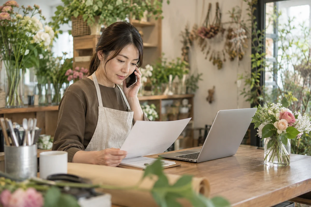 花店の作業台で資料を確認しながら電話する架空の創業者。AI生成。