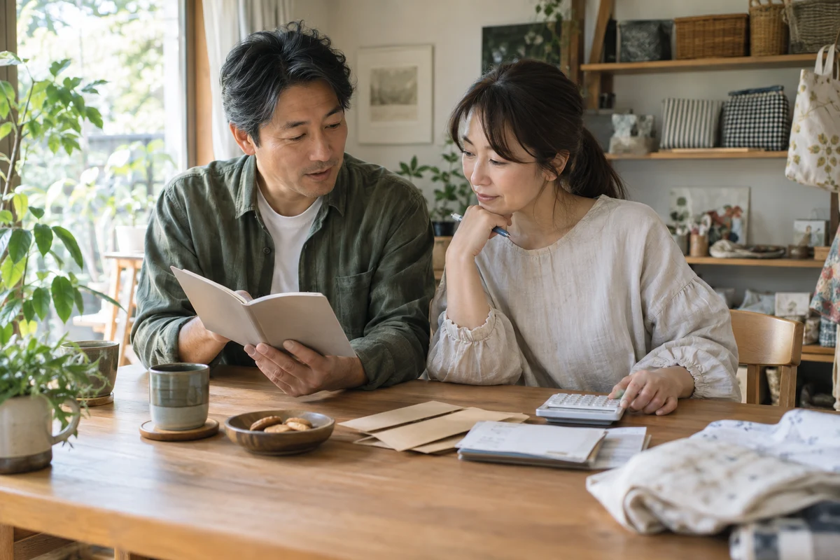 創業準備中の夫婦が自宅で家計の予定と電卓を確認する架空の場面
