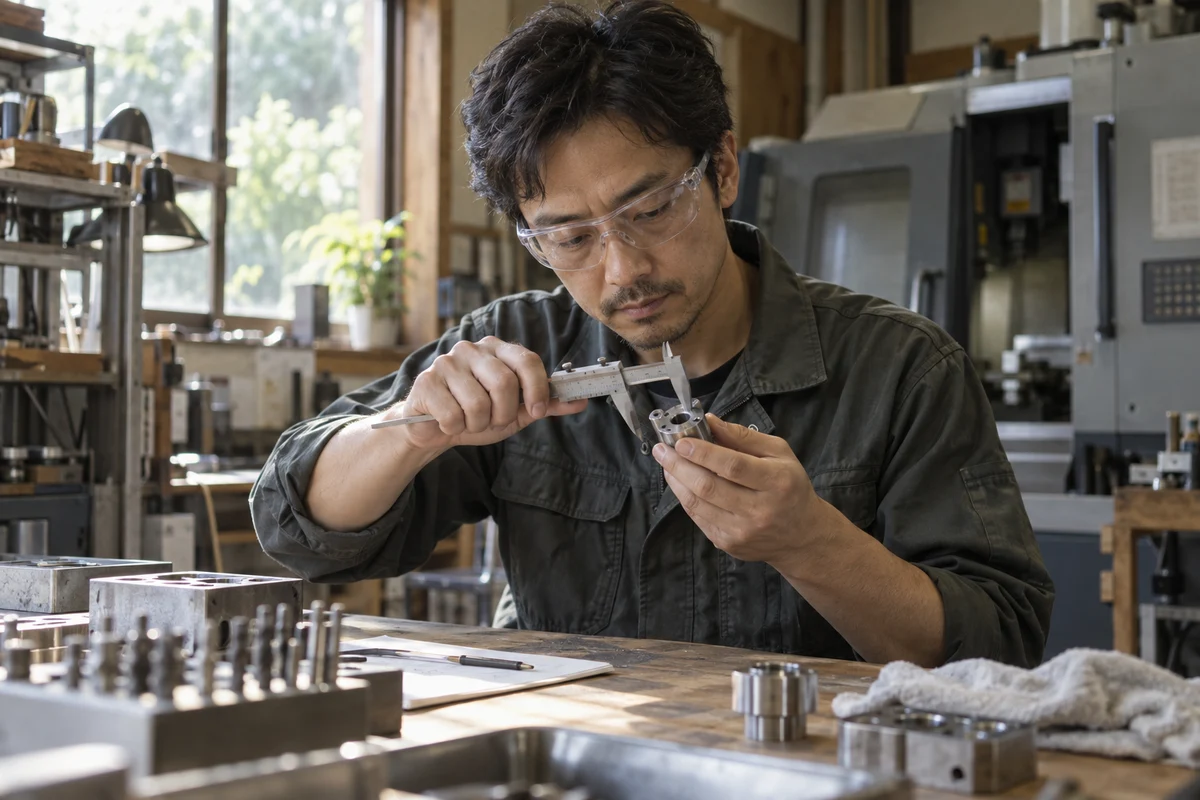 独立した精密加工の技術者が保護眼鏡を着け、自分の工房で金属部品を測定する架空の場面