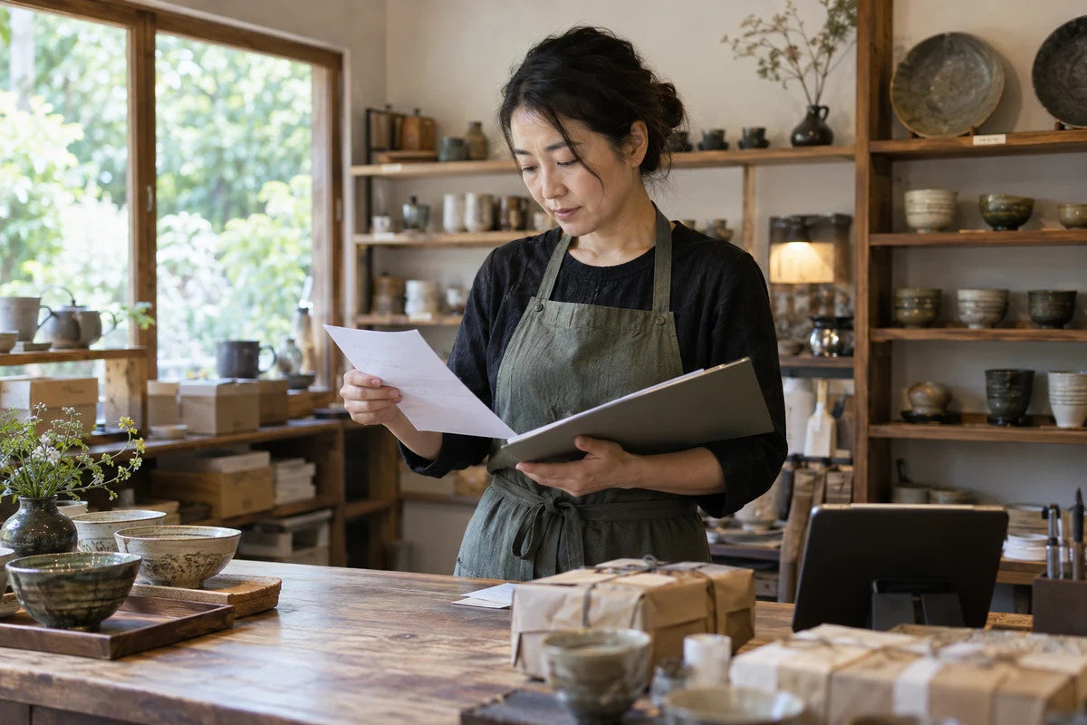 陶器店を営む女性が店舗のカウンターで請求書と契約資料を照合する架空の場面