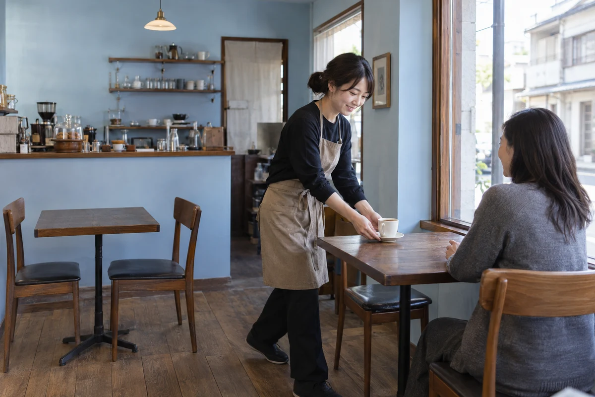窓際の客席で成人女性にコーヒーを提供する女性店員の架空イメージ
