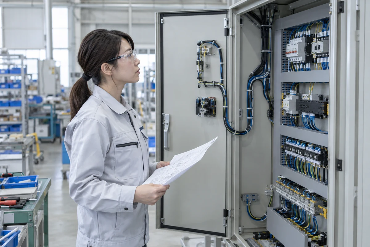 停電状態の制御盤で配線経路を確認する女性技術者のAI生成イメージ