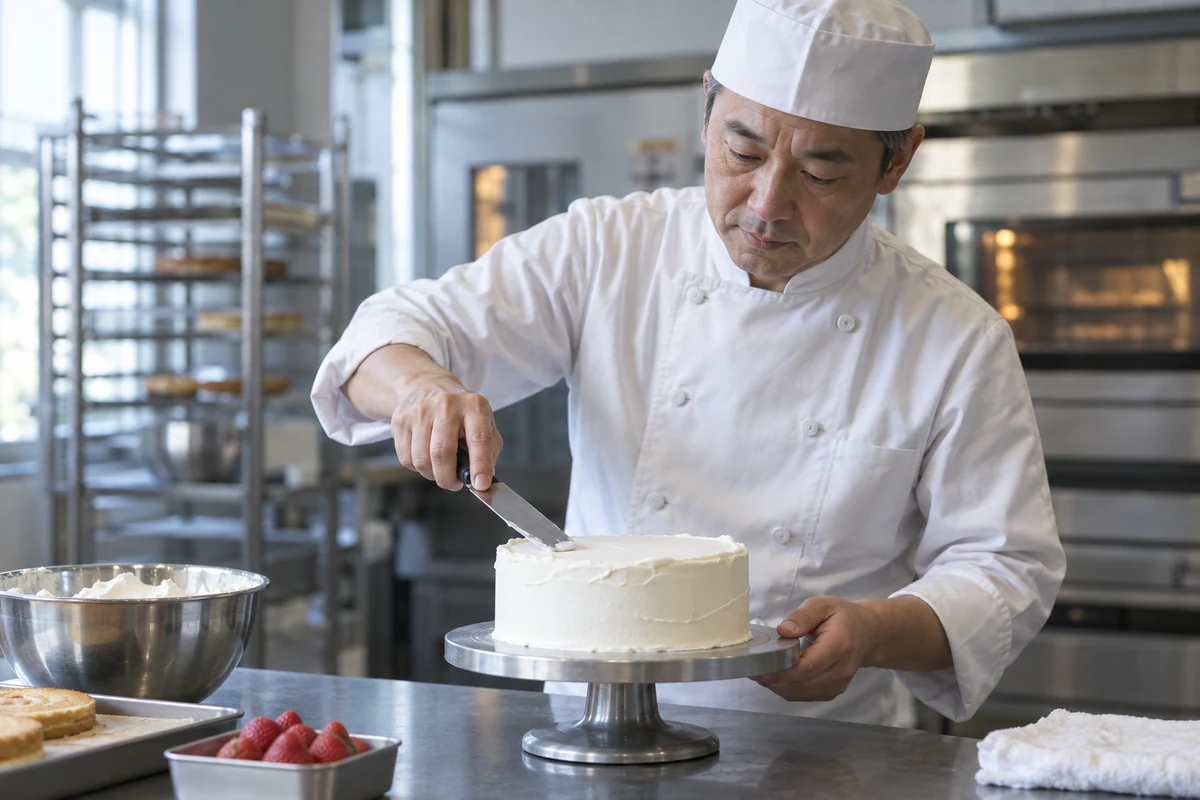 帽子を着用したパティシエが作業台でケーキのクリームを仕上げる架空の業務風景(AI生成)