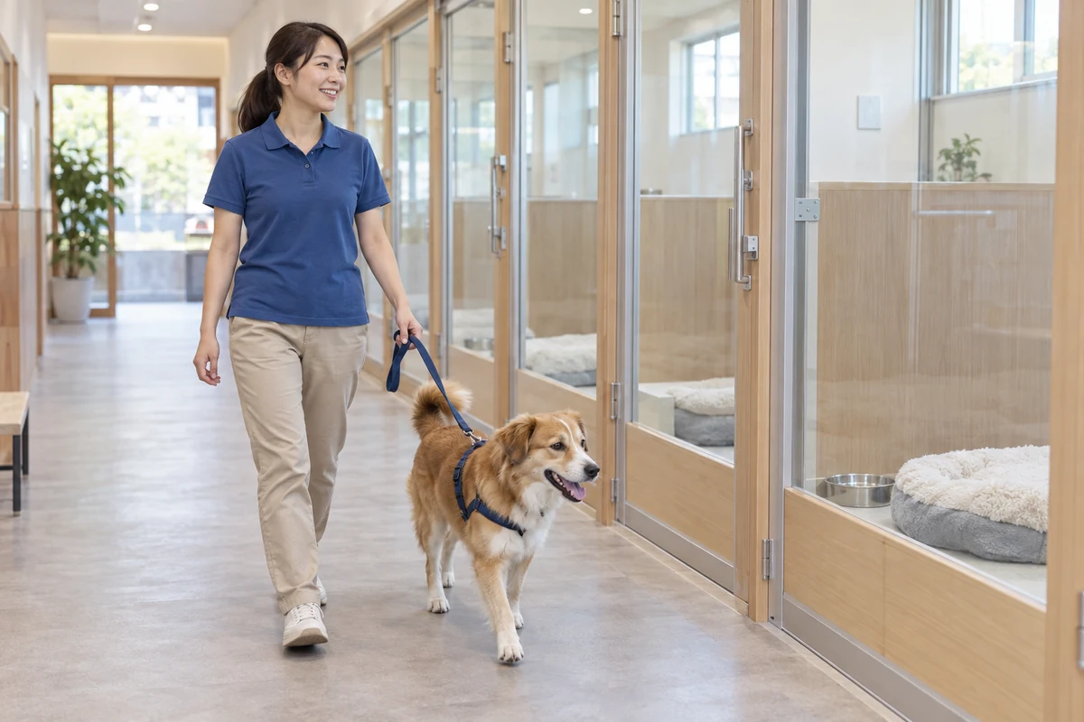 ペットホテルのスタッフがハーネスとリードを着けた犬1頭を室内で移動させる架空の業務風景(AI生成)