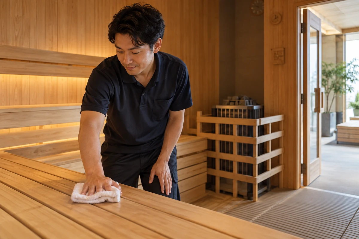 開店前の冷えたサウナ室でスタッフが木製ベンチを清掃する架空の業務風景(AI生成)
