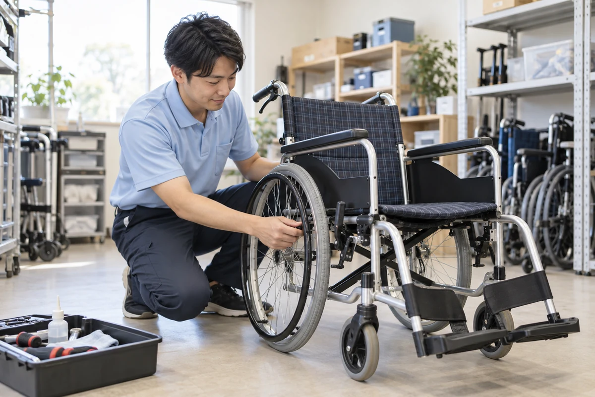 福祉用具の担当者が空の車いすの車輪ロックを点検する架空の整備風景(AI生成)