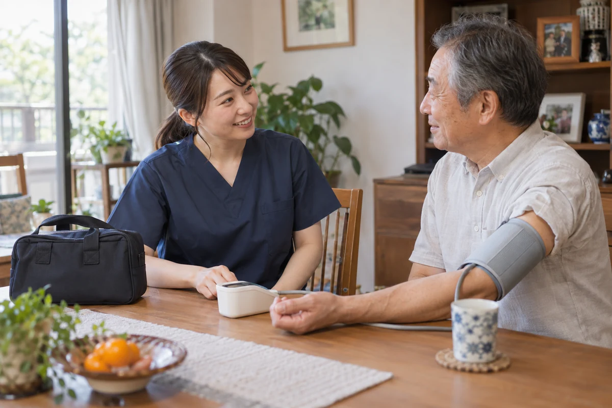 訪問看護師が利用者の自宅で血圧測定を支援する架空の訪問場面(AI生成)