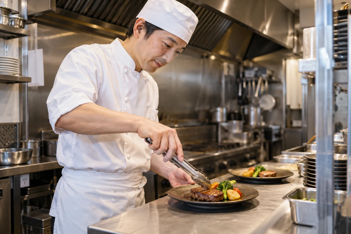 ステーキ店の料理人が焼き上がった肉と付け合わせを盛り付ける架空の厨房風景(AI生成)