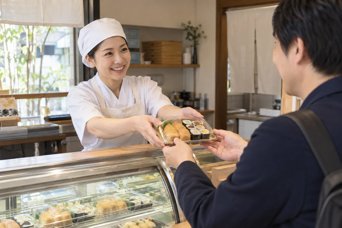 持ち帰り寿司店の店員が包装済みの商品をお客様へ渡す架空の接客風景(AI生成)