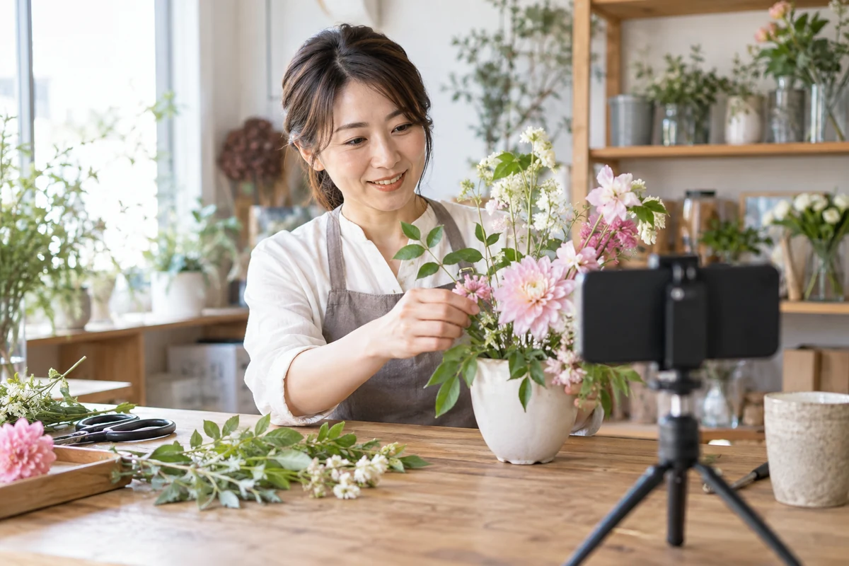 会員向けの花のレッスンを撮影する講師の架空の業務風景(AI生成)