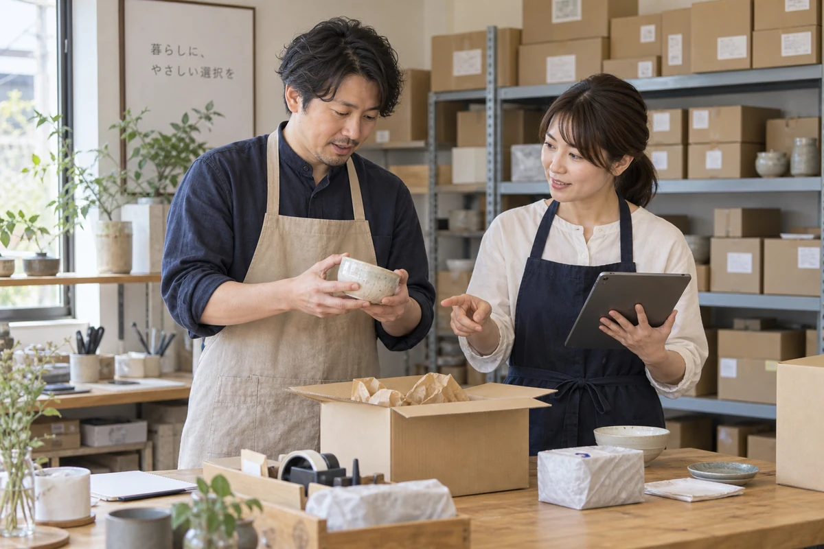 架空の共同創業者二人が生活雑貨店で商品と出荷内容を確認するAI生成イメージ