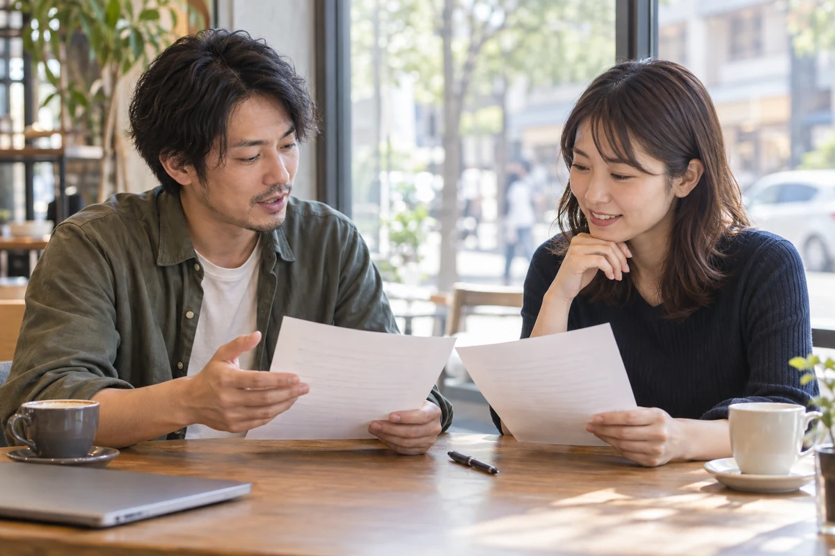 架空の友人同士がカフェで借入と返済条件の書面を確認するAI生成イメージ