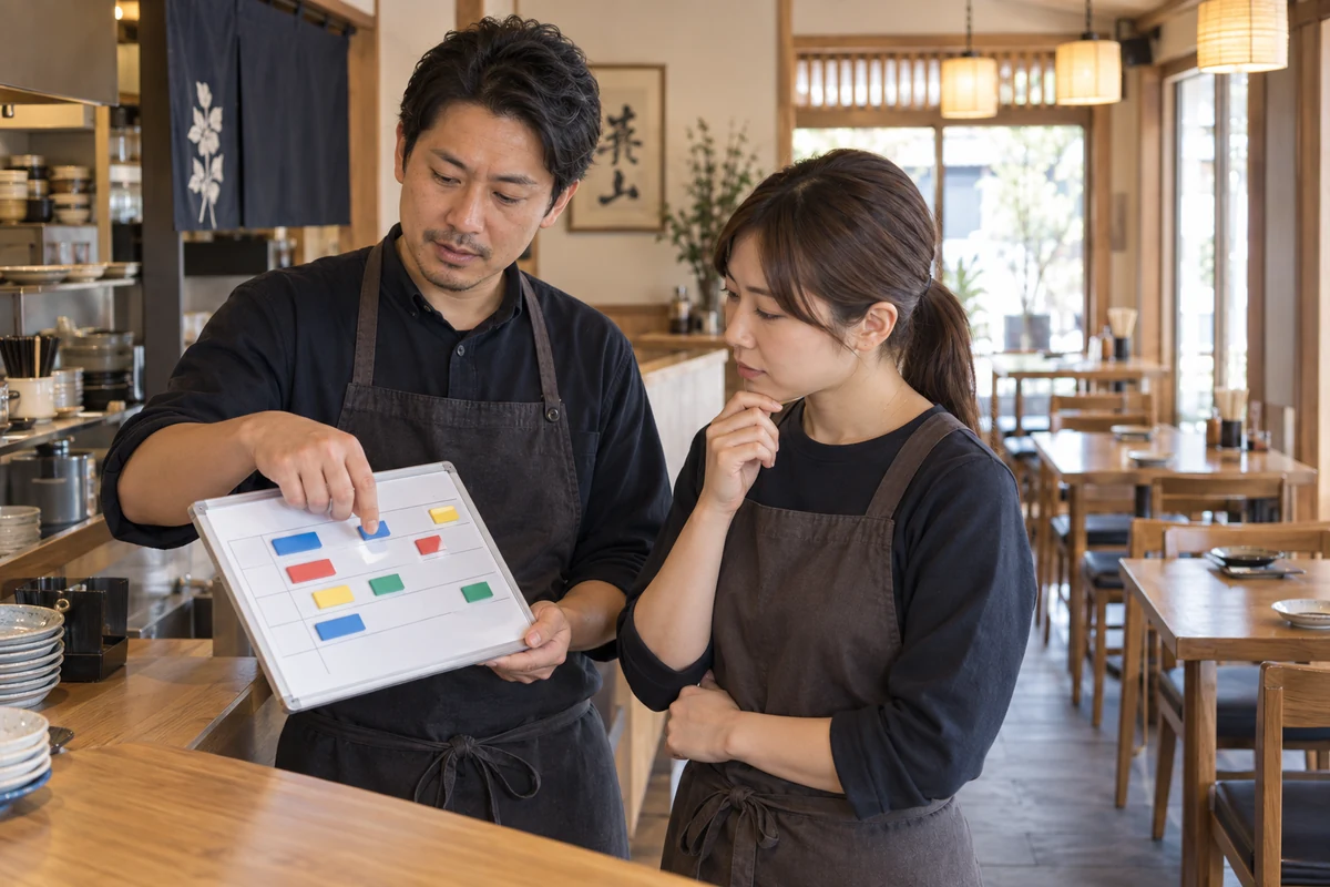 架空の飲食店主とスタッフが開店前に勤務の分担を見直すAI生成イメージ
