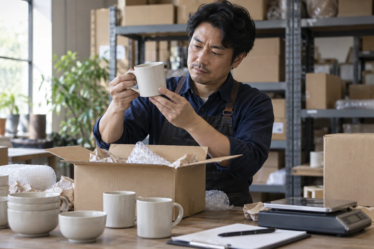 倉庫で輸入雑貨のサンプルを検品する架空の事業者(AI生成)