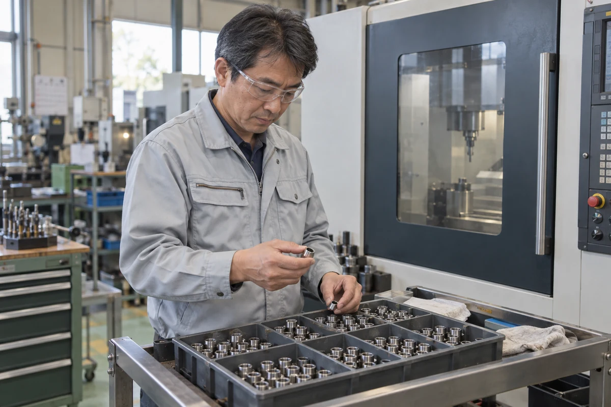 閉じた加工機の横で男性がトレーに並ぶ金属部品を確認する架空の仕事風景