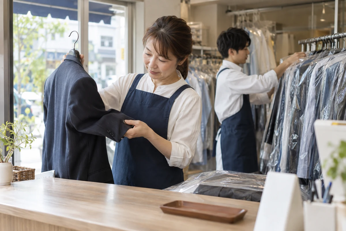 クリーニング取次店で女性店主が衣類の袖を検品しスタッフがラックを整理する架空の仕事風景