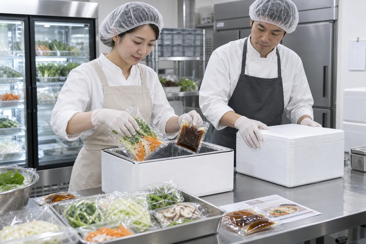 食品宅配の作業場で衛生服のスタッフが個包装された食材を保冷箱へ梱包する架空の仕事風景