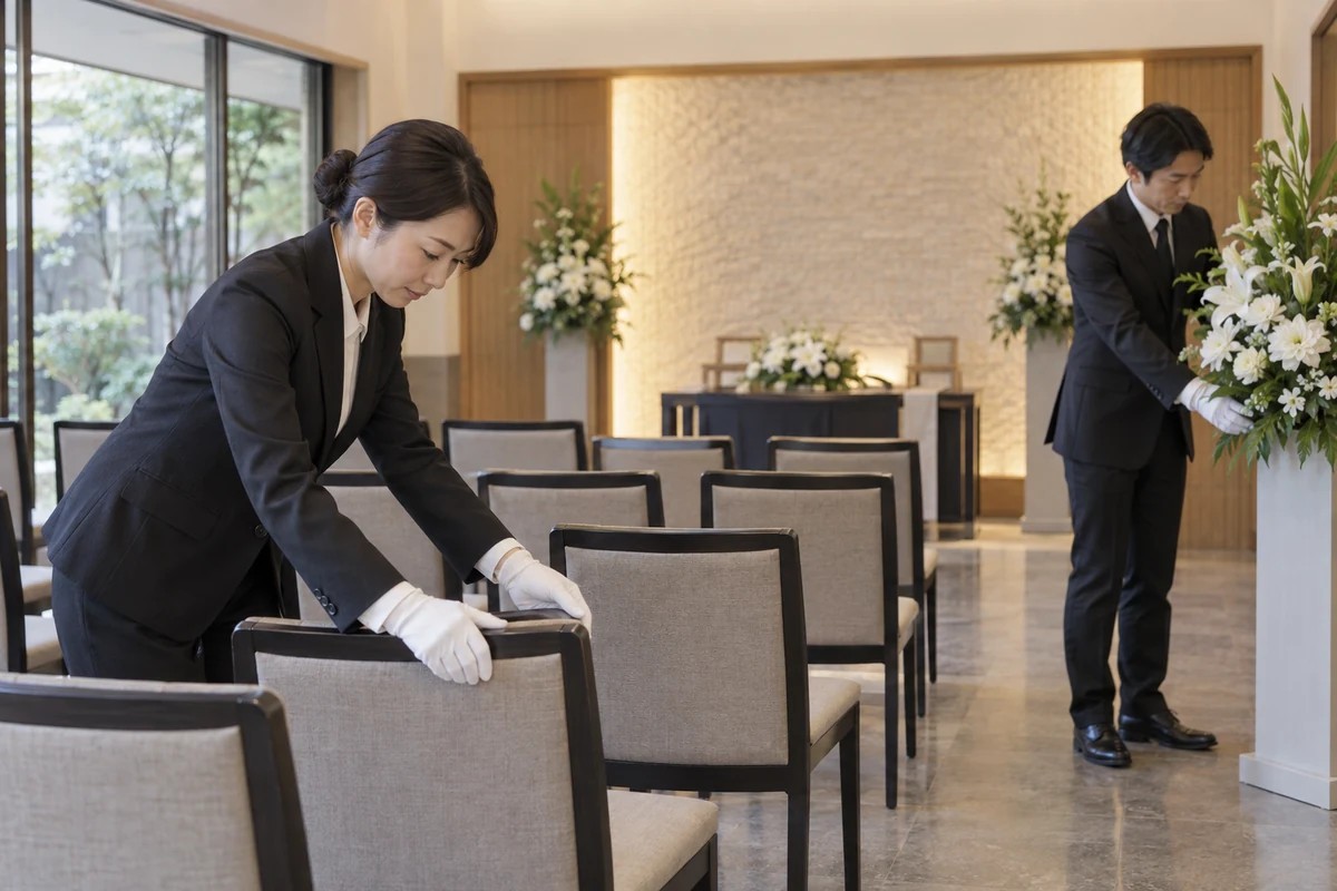 葬儀スタッフが式の始まる前に空の式場の椅子と花を整える架空の仕事風景