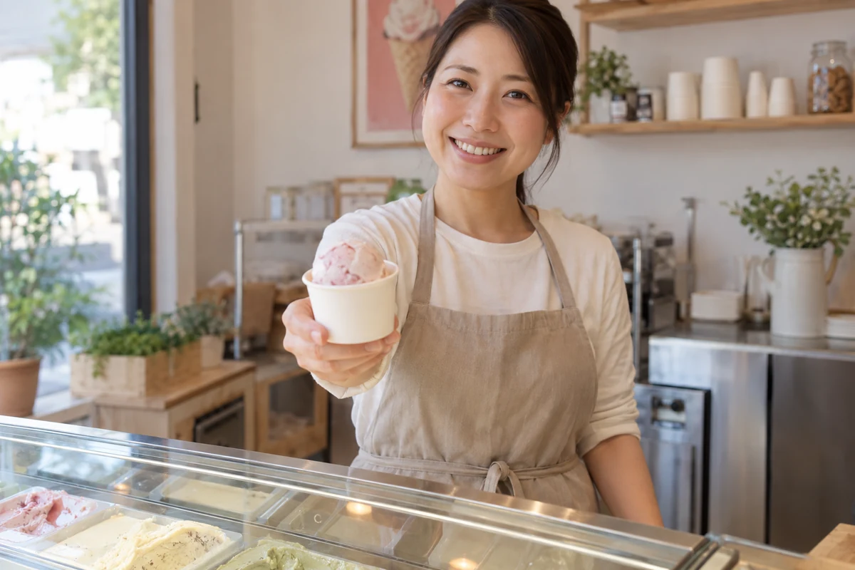 店主が一人でカップ入りアイスクリームを提供する架空の仕事風景