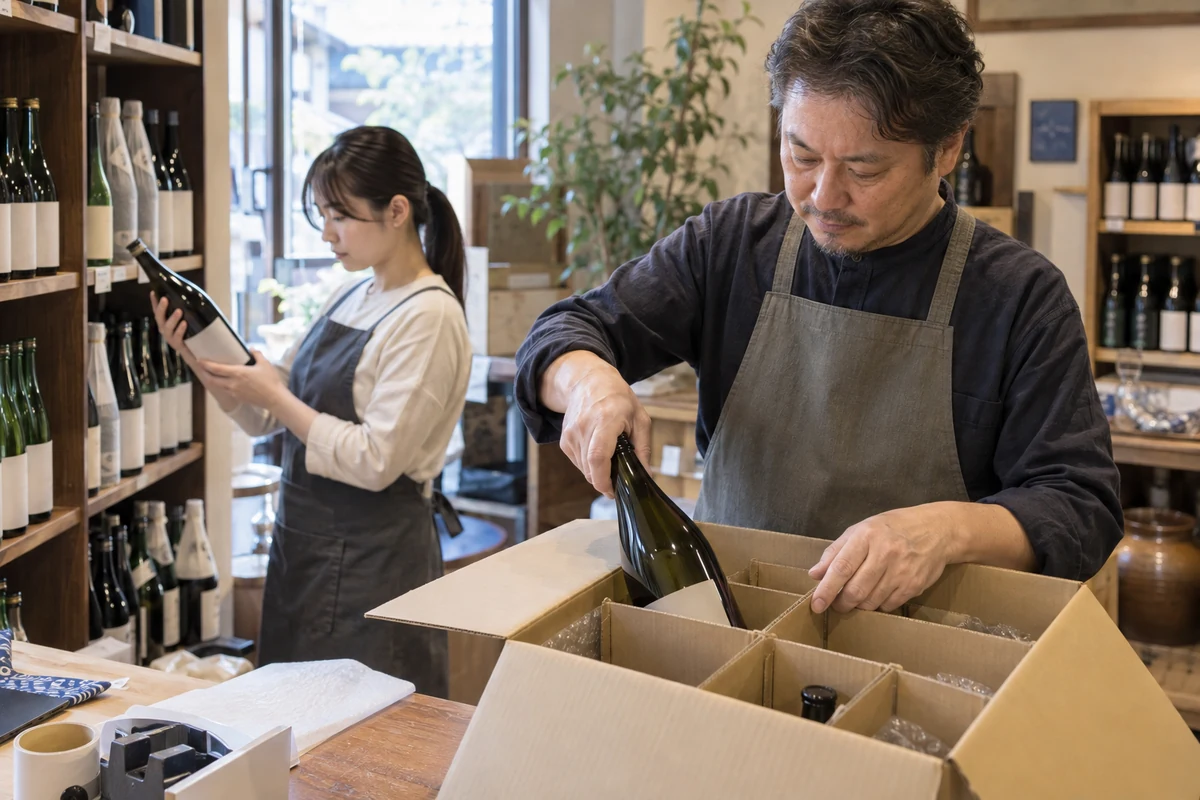 酒販店の店主とスタッフが瓶の梱包と入荷品の確認をする架空の仕事風景