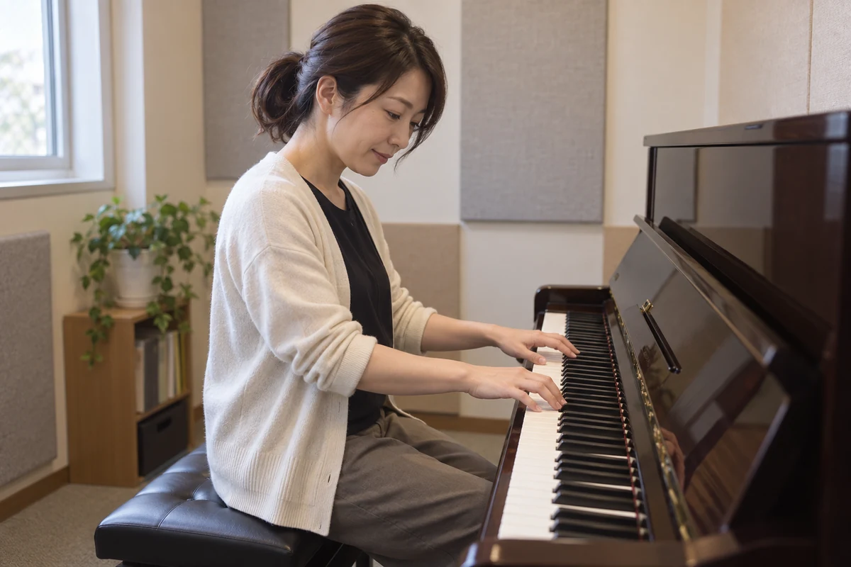 ピアノの前で演奏する音楽教室の講師を表したAI生成の架空イメージ
