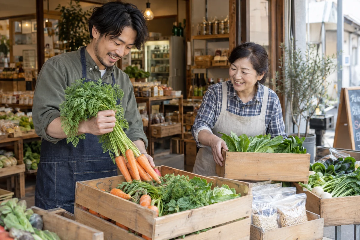 自然食品店の店主と納品担当者が青果の入荷状態を確認する架空の仕事風景