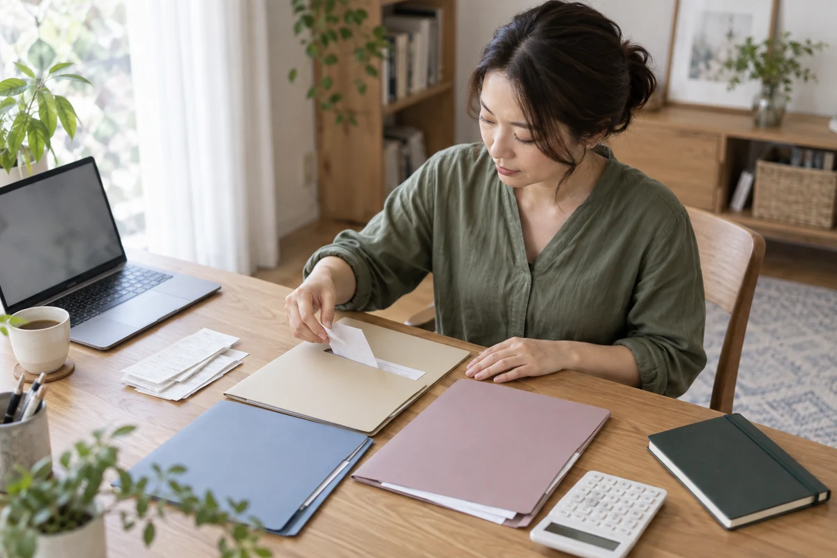 創業相談に持参する資料を整理する架空の女性のAI生成画像
