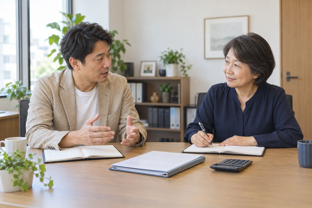 融資支援と顧問契約を相談する架空の開業者と税理士のAI生成画像