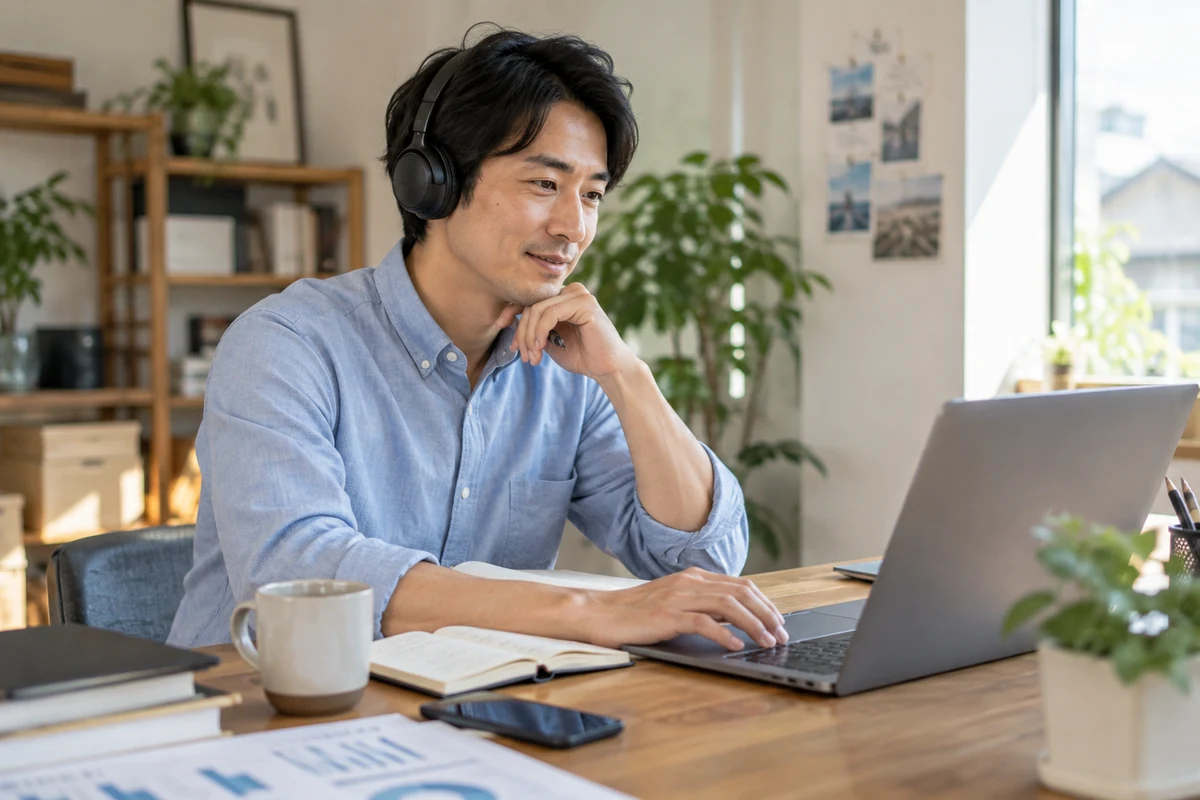 自宅でヘッドセットを着け、オンラインで創業融資の支援内容を確認する男性の架空イメージ