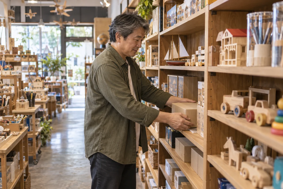 玩具店の棚で無地の模型箱を整え、商品在庫を確認する男性の架空イメージ