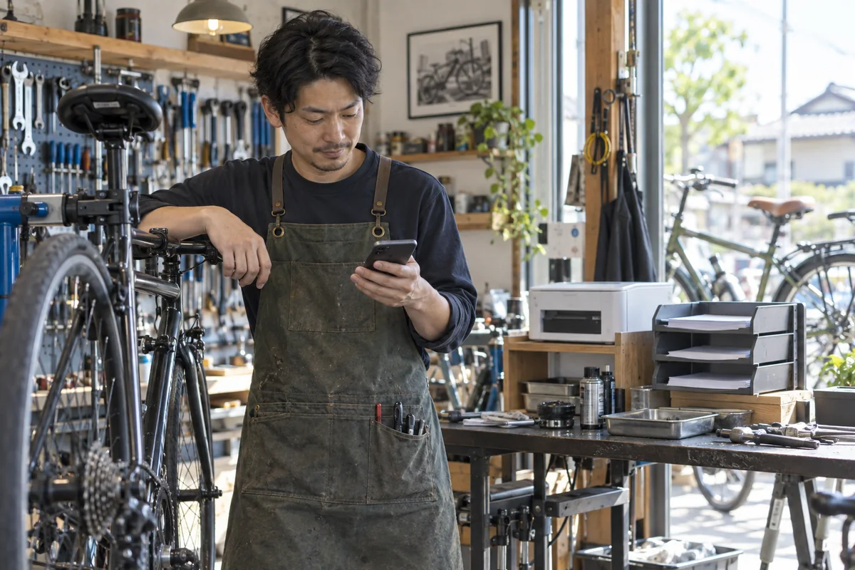 自転車修理の作業中に申込メールを確認する創業予定者