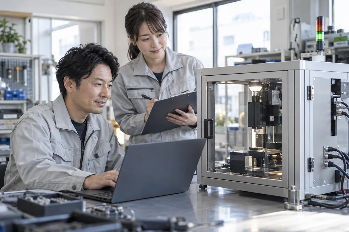 開発した装置の受入検査を進める技術者二人の架空イメージ
