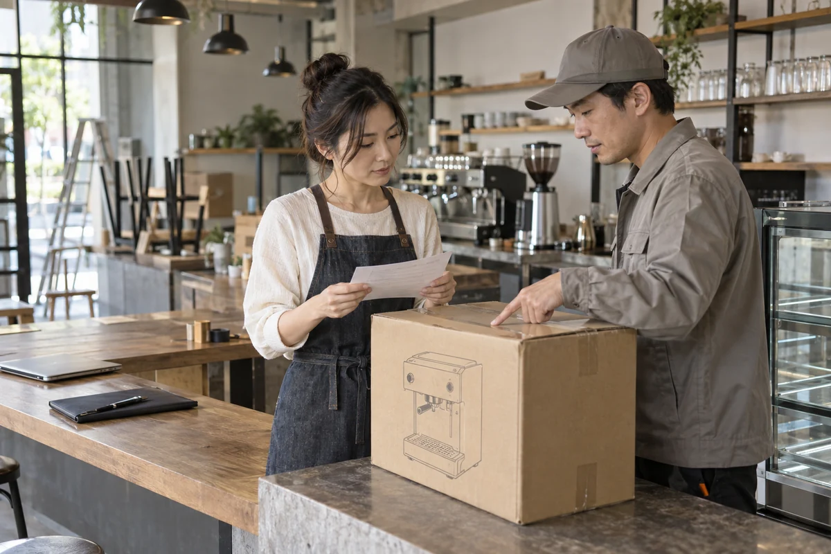 開業準備中の店舗で設備の納品書と荷物を確認する創業者の架空イメージ