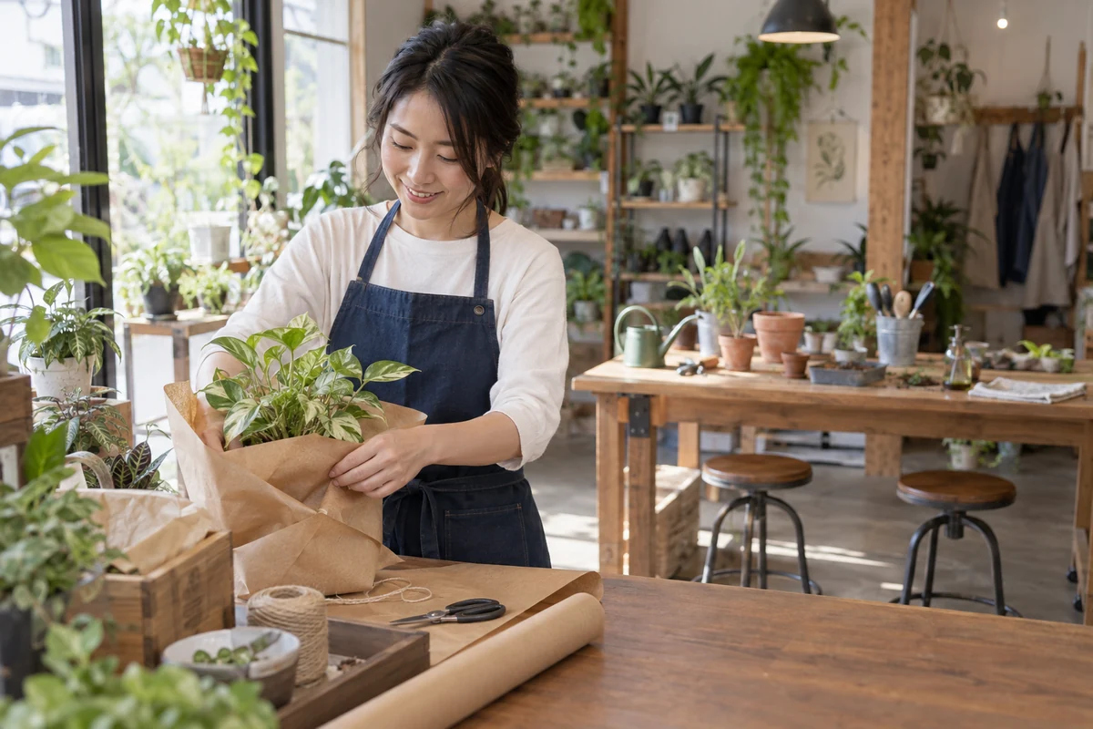 物販と体験教室を併営する店で植物を包装する創業者の架空イメージ