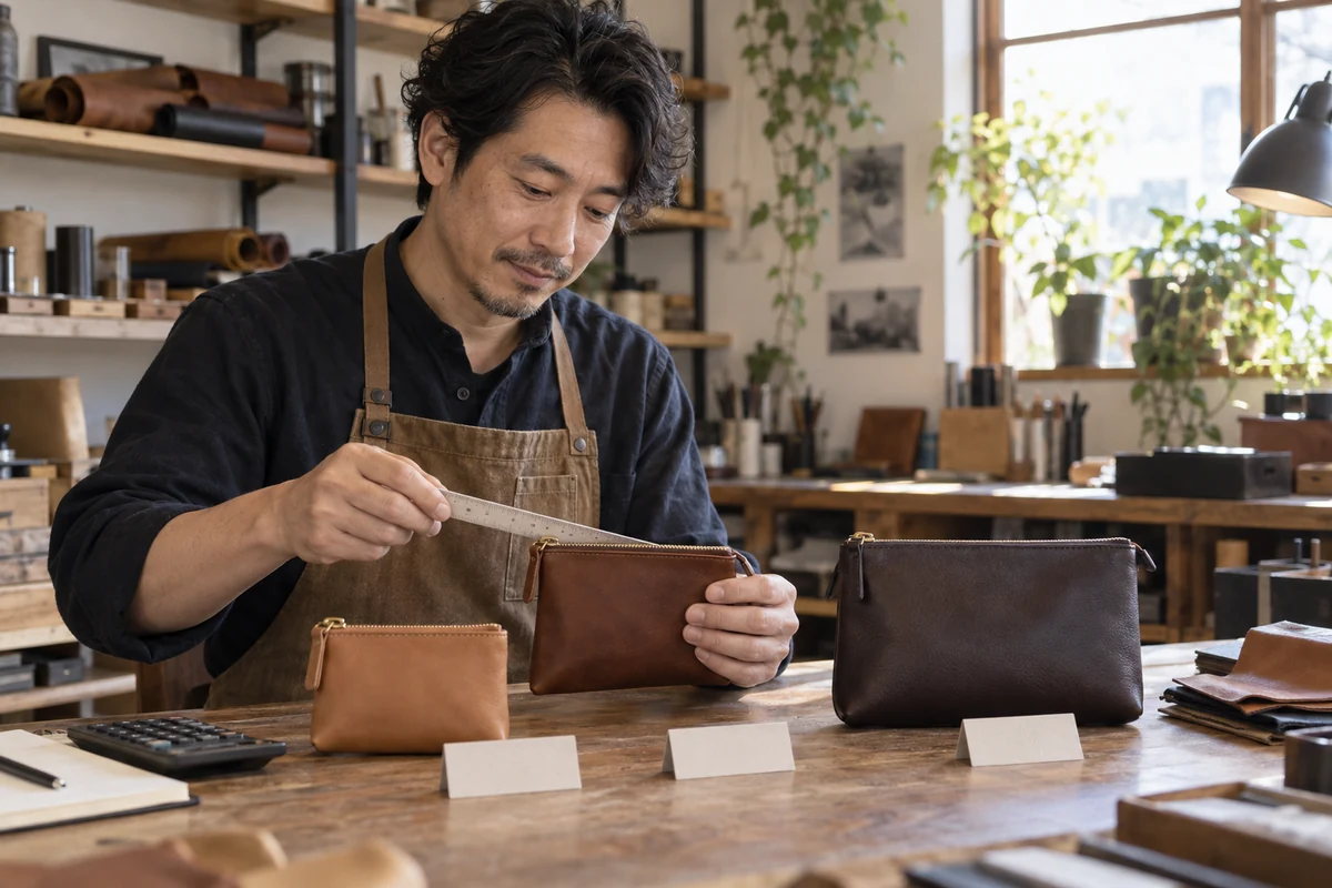 革小物のサイズと商品構成を作業台で確認する創業者の架空イメージ