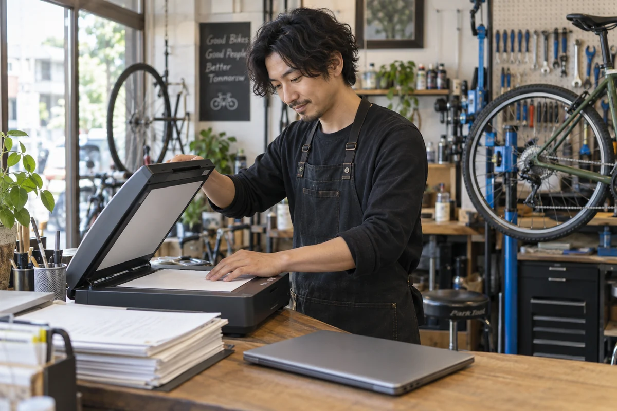 自転車店の創業者が融資準備の書類をスキャナーで電子化する架空イメージ