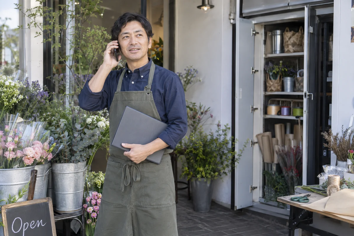 花店の開業準備中に資料を手に確認の電話をする男性の架空の仕事場面