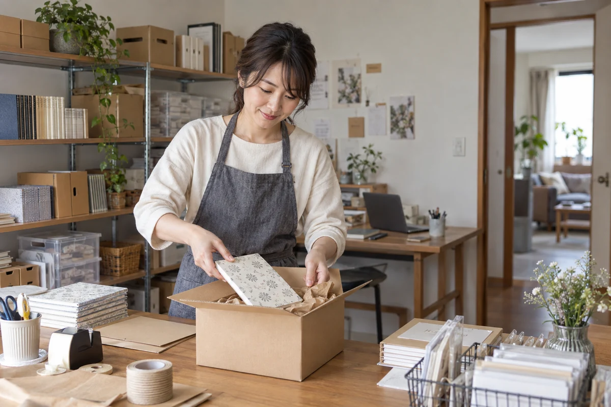 自宅の専用作業室で文具商品の発送準備をする女性の架空の仕事場面