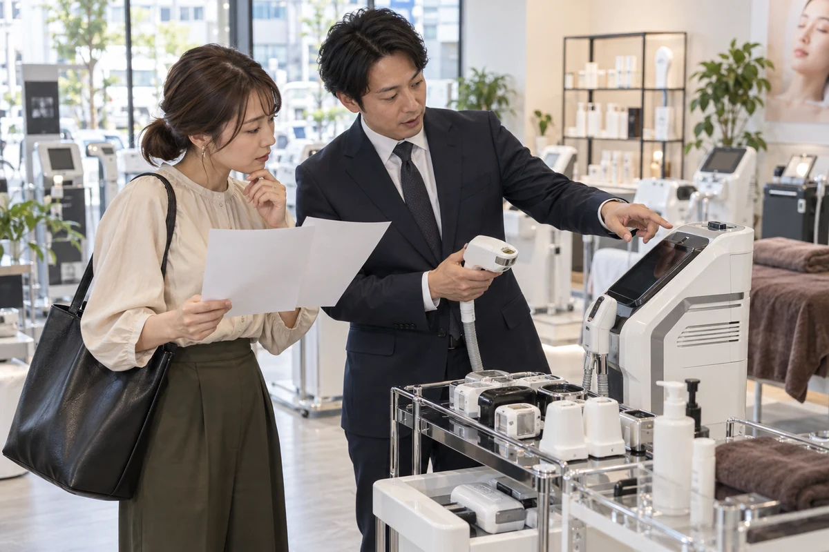 美容サロン用機器のショールームで実物と見積条件を比較する女性創業者の架空の仕事場面