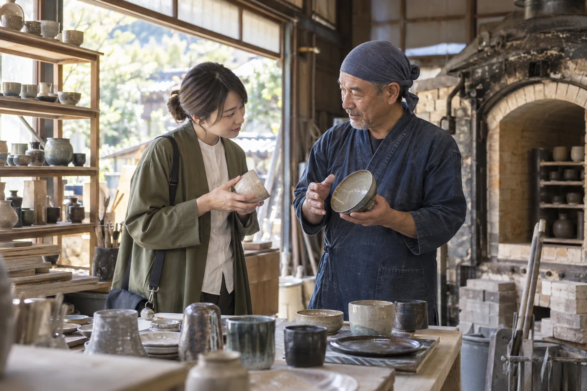 工房を訪ね、実際の作業工程について経験者へ質問する小売店の創業予定者の架空の場面