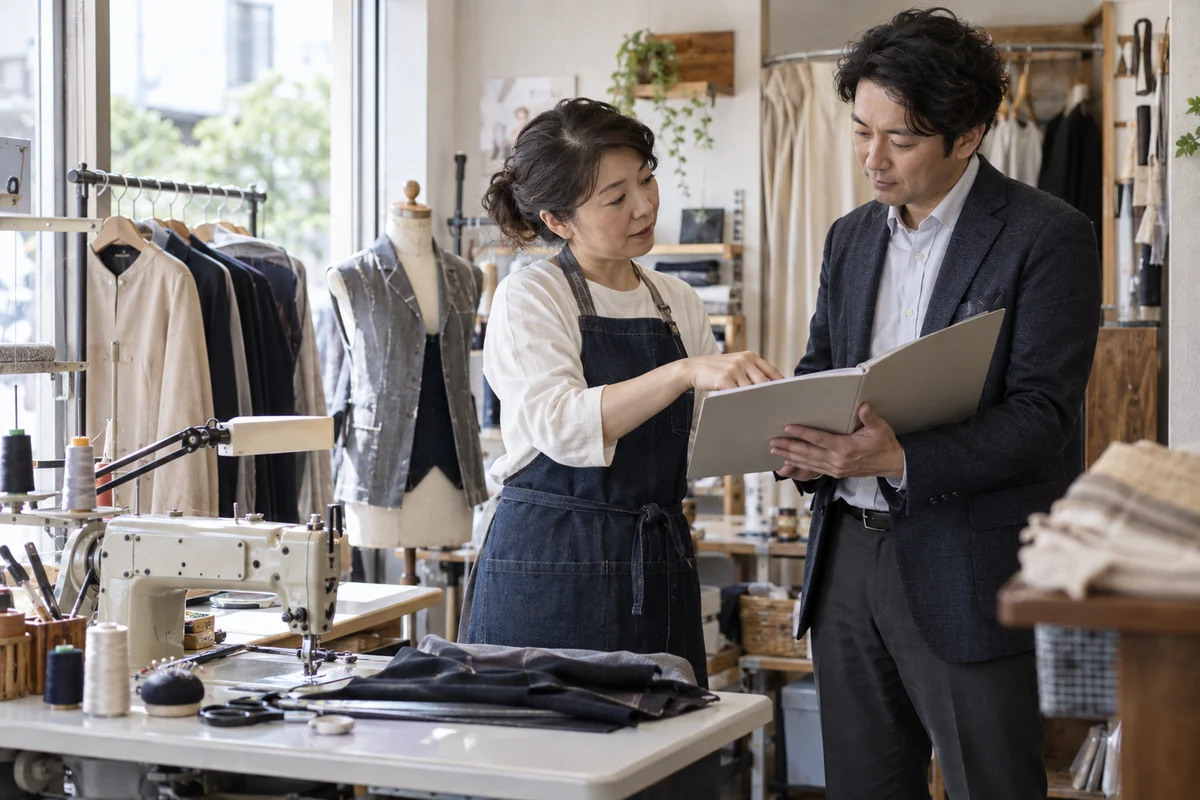 洋服のお直し店で帳簿資料の受渡しを確認する店主と専門家の架空の仕事場面