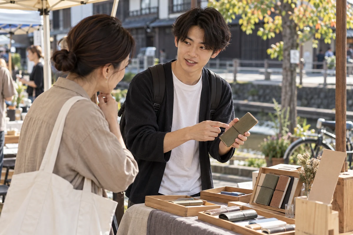地域の小さな販売会で試作した文具を大人の来場者へ説明する成人の学生創業者の架空の場面