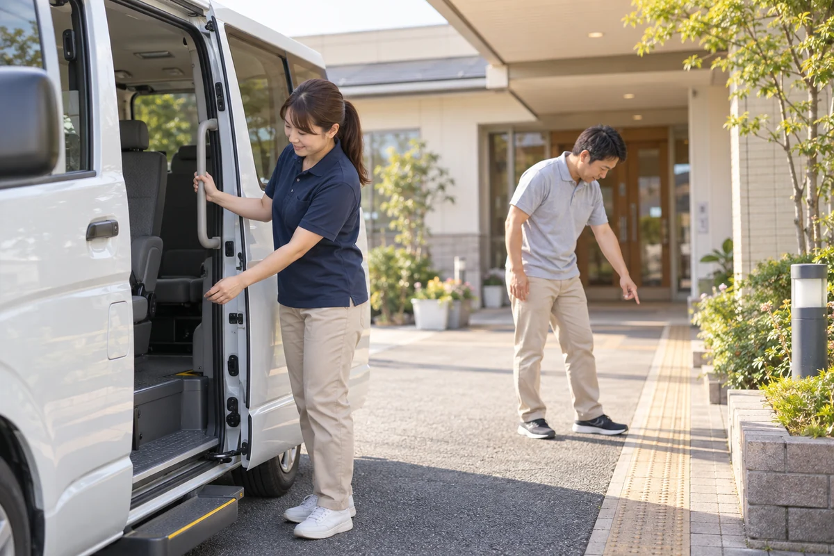 デイサービスの送迎前に車両の乗降口と入口の動線を確認する成人職員の架空の仕事場面