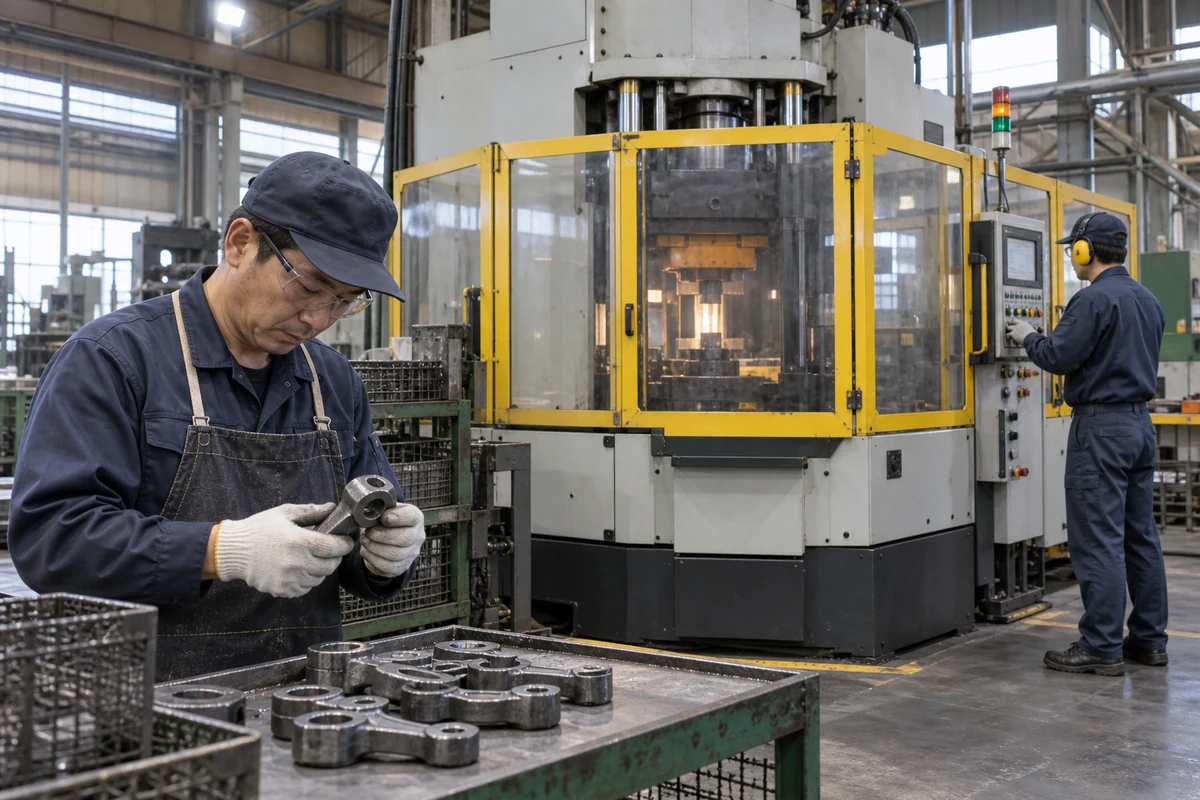 鍛造工場で防護された設備の外側から操作する作業者と冷えた部品を検査する作業者の架空の仕事場面