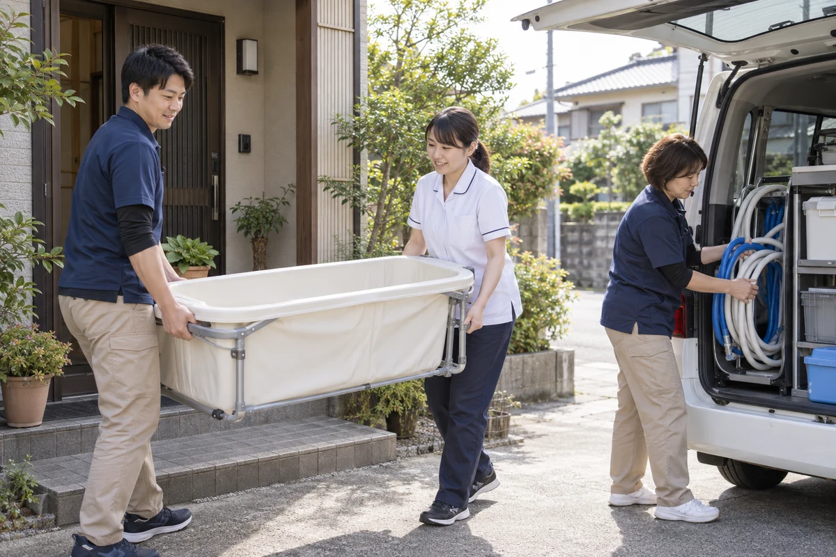 訪問入浴の職員三人が利用者宅の前で空の可搬浴槽とホースを準備する架空の仕事場面