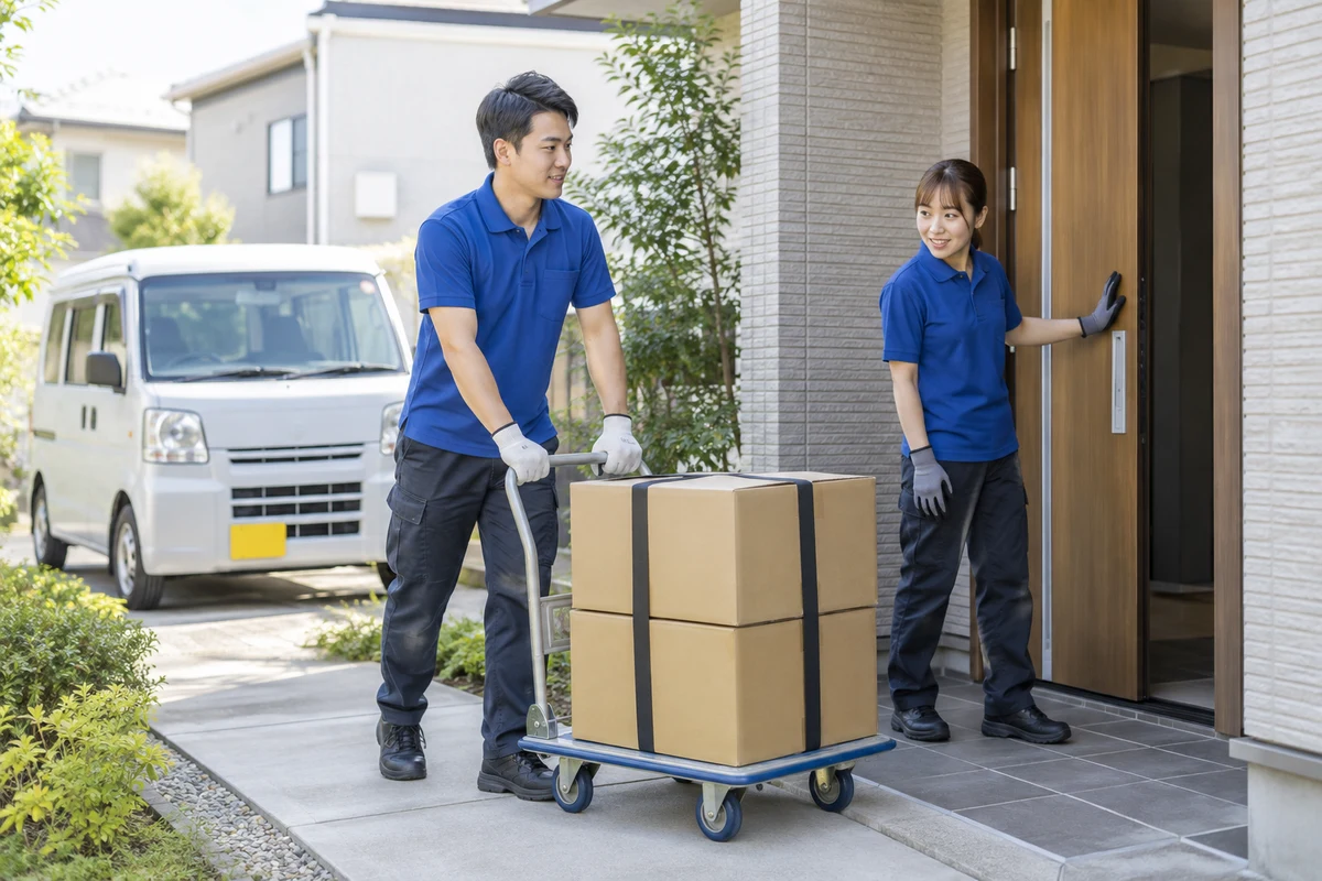 開業準備中に小口荷物の台車搬送と搬入経路を確認する作業員2人の架空イメージ