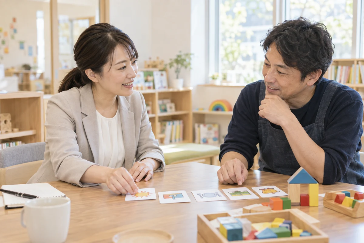 訪問支援員と保育所職員が絵カードを使い支援方法を相談する架空イメージ(AI生成)